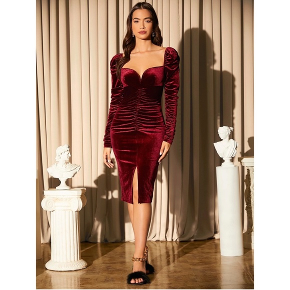Velvet Burgundy Glamorous Dress Puff Long Sleeve Midi Leg Slit Sweetheart - Picture 3 of 7